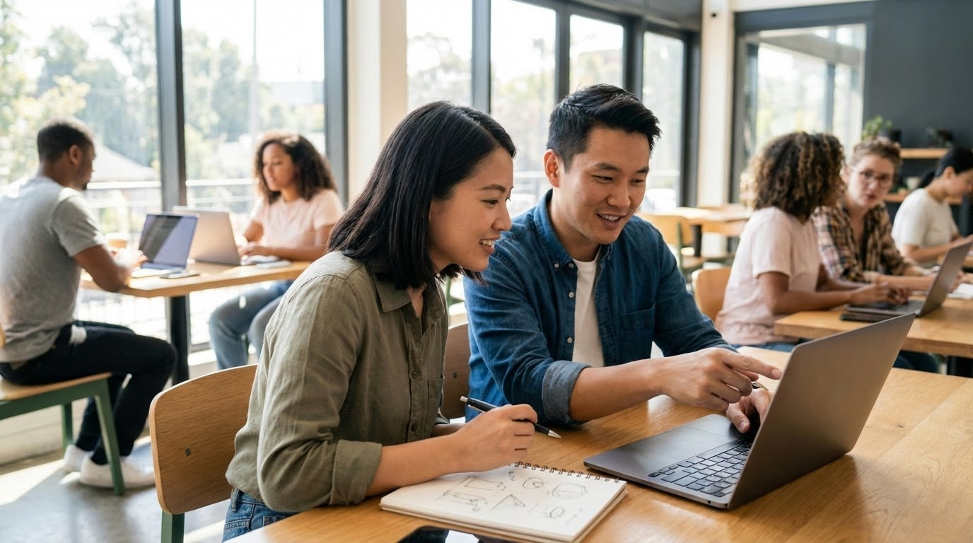 ภาพอธิบายผู้คนกำลังทำงานร่วมกันที่โต๊ะ โดยมีโน้ตบุ๊คและแผนผัง UX/UI บนโต๊ะ