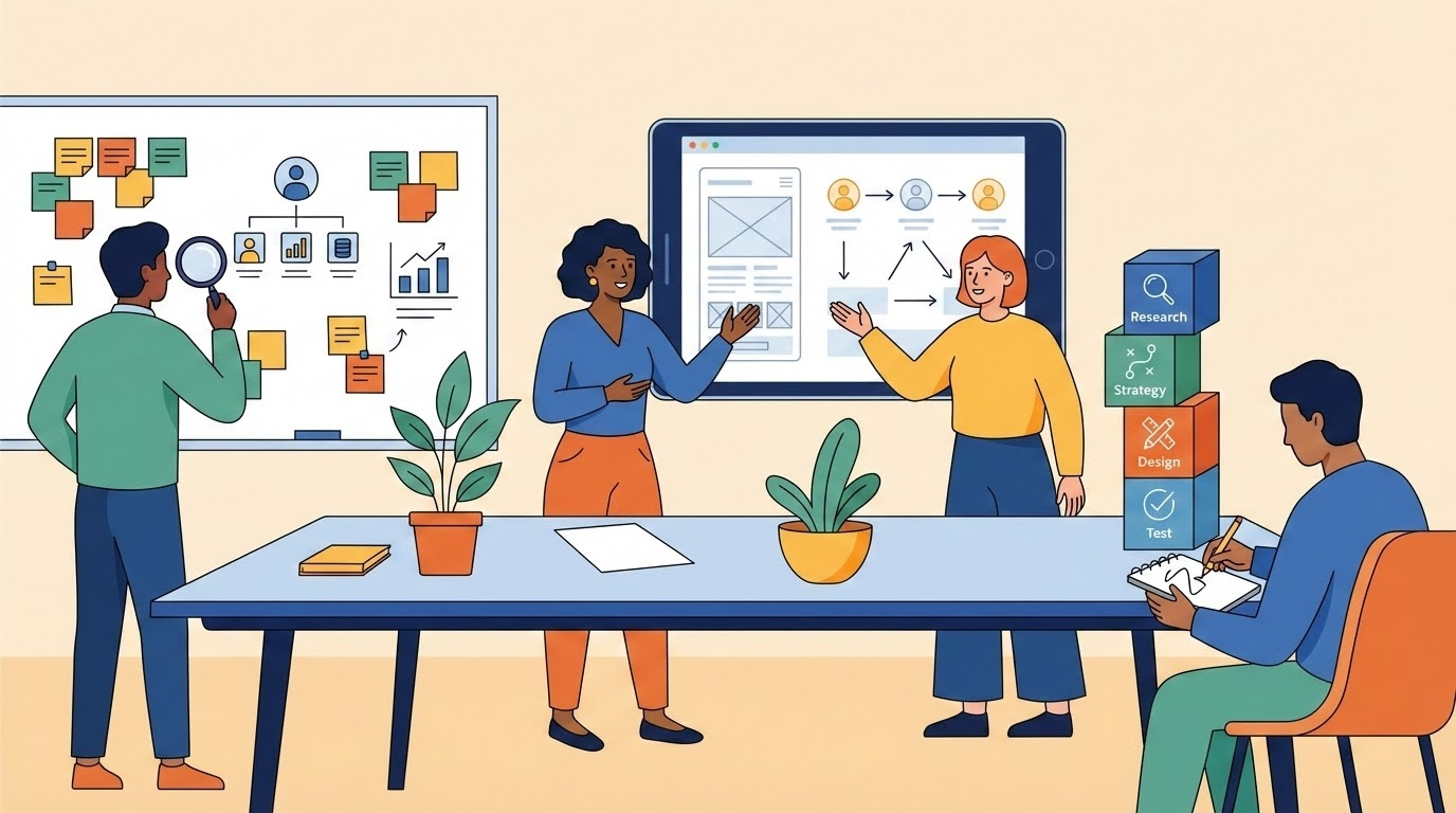 กราฟิกนำเสนอทีมออกแบบเว็บที่กำลังวางแผน UX/UI พร้อมเครื่องมือและไดอะแกรม