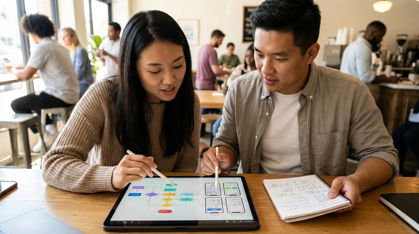 ภาพอธิบายการวิเคราะห์ UX/UI โดยมีผู้คนทำงานร่วมกันที่โต๊ะพร้อมเทคโนโลยีและกราฟแสดงข้อมูล