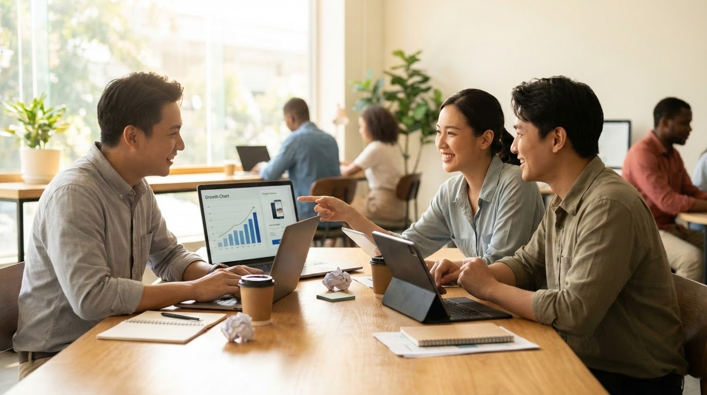 ภาพประกอบแสดงทีมงานกำลังประชุมเพื่อวิเคราะห์ผลลัพธ์จากการปรับ UX/UI ที่ประสบความสำเร็จ