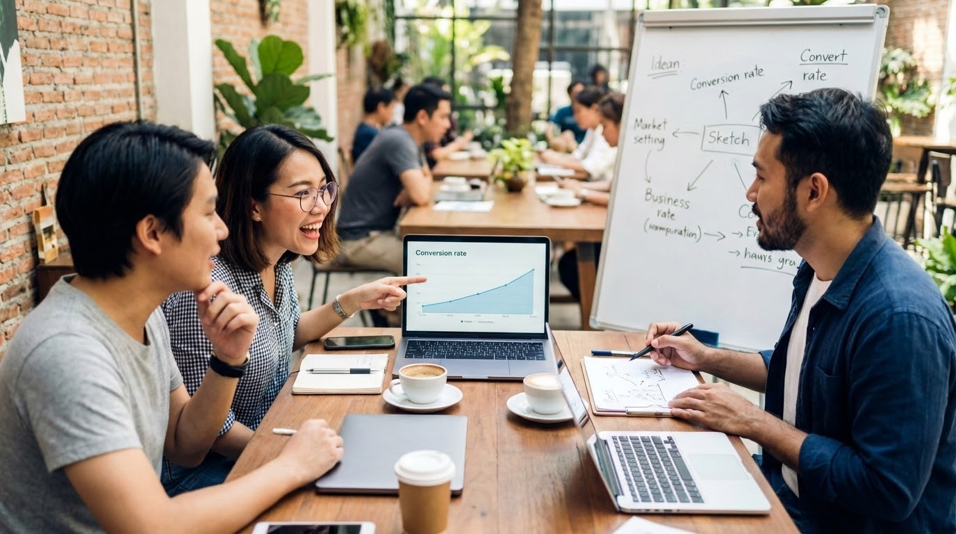 ภาพประกอบแสดงทีมงานวางแผนกลยุทธ์ eCommerce ด้วยแล็ปท็อปและเอกสารในที่ประชุม