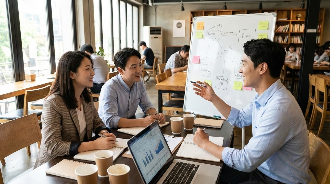 ภาพประกอบแสดงทีมงานทำงานร่วมกันในการวางแผนกลยุทธ์ eCommerce โดยมีโน้ตบุ๊กและแผนที่ในมือ