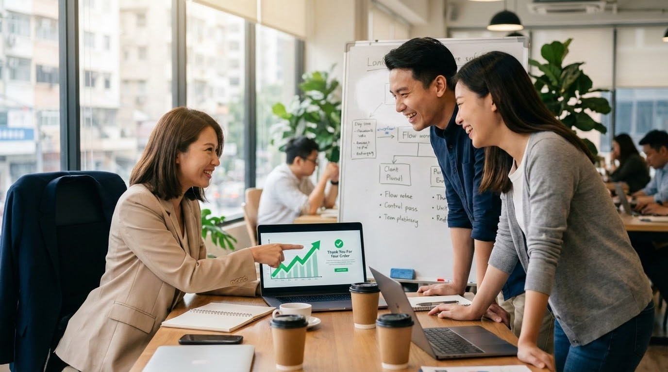 ภาพประกอบแสดงกราฟแสดงอัตราการแปลงลูกค้าในเว็บไซต์ eCommerce พร้อมลูกค้าและสัญลักษณ์การซื้อ