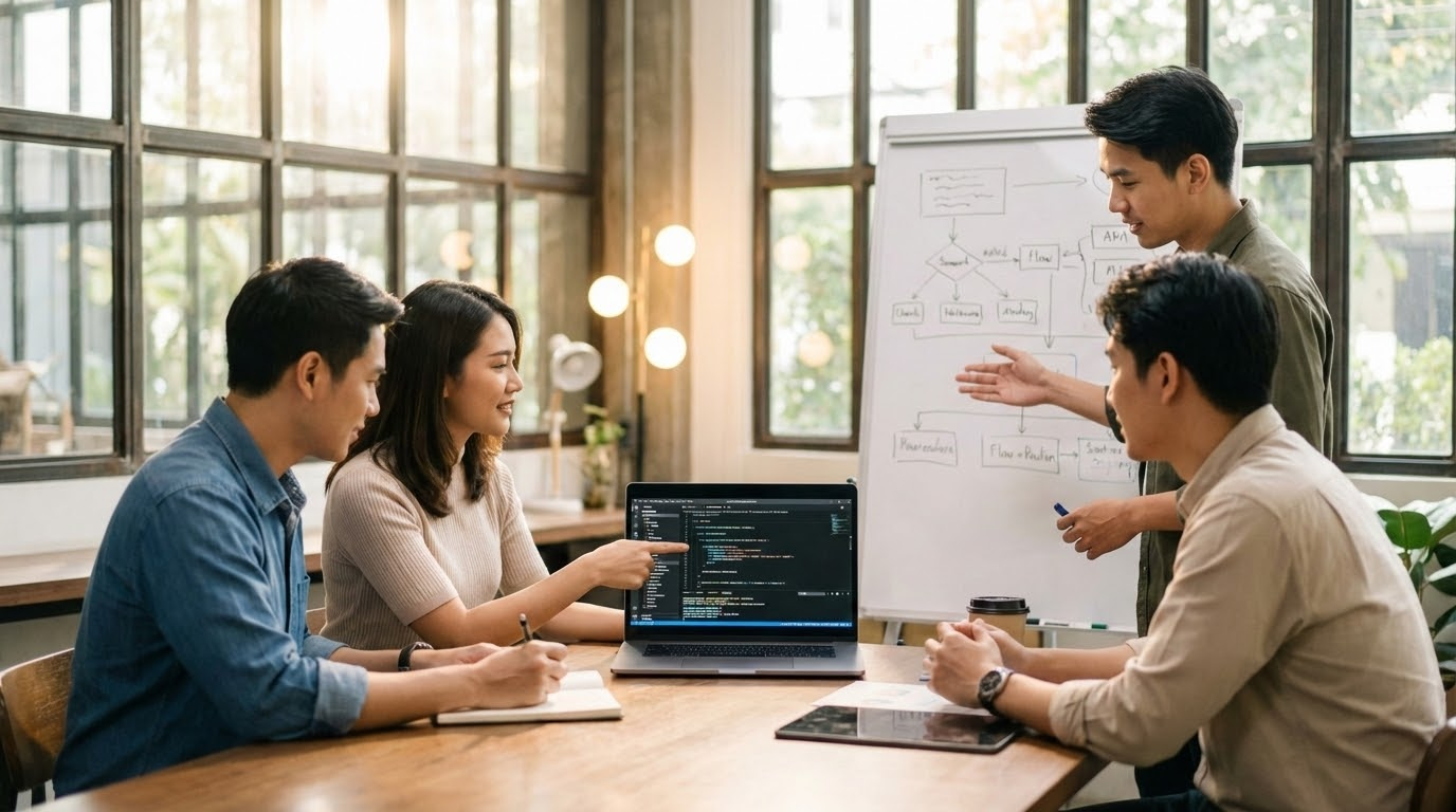 ภาพประกอบแสดงนักพัฒนากำลังทำงานบนคอมพิวเตอร์ พร้อมกราฟและไดอะแกรมเกี่ยวกับการพัฒนาเว็บไซต์