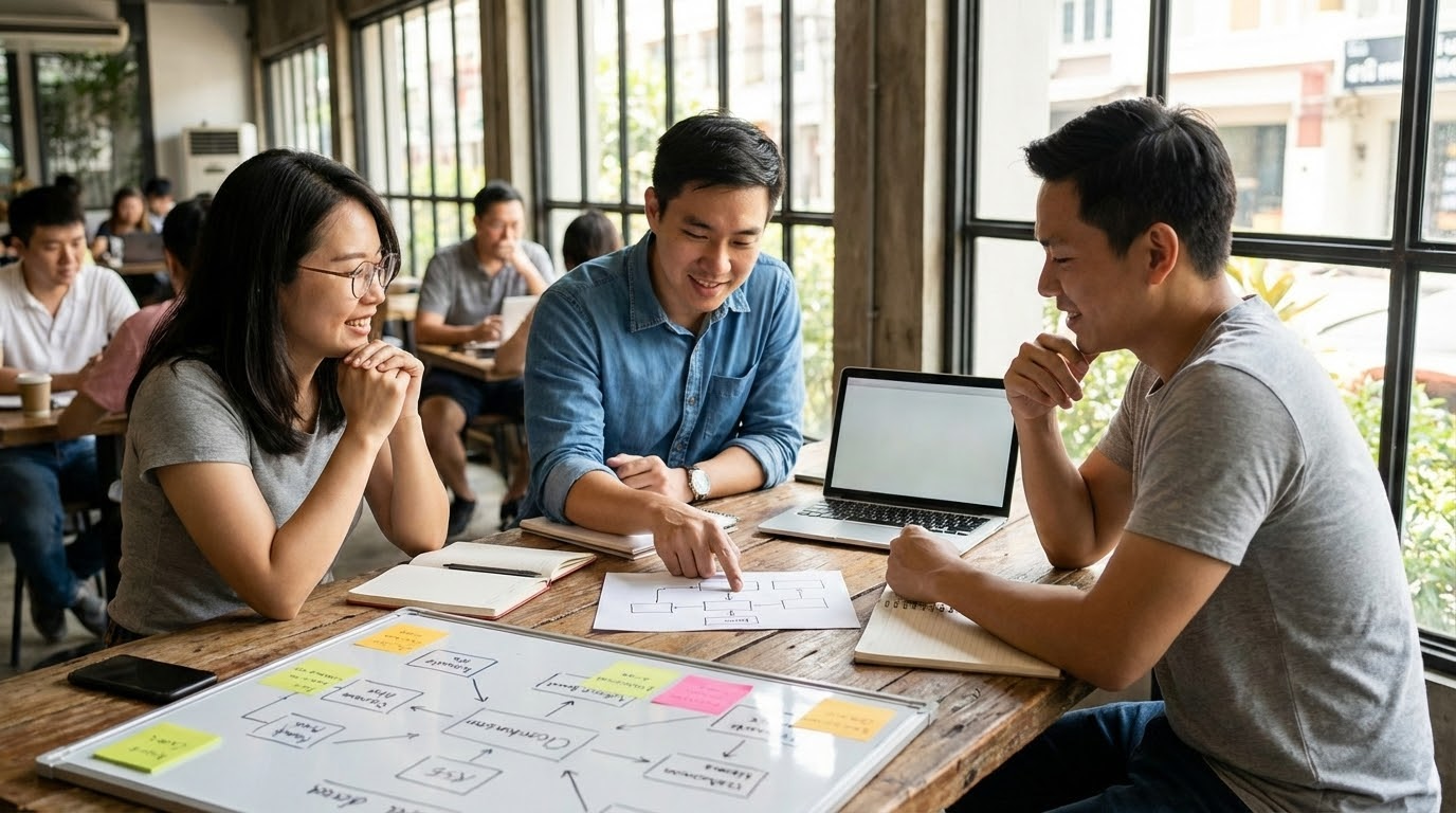 ภาพอธิบายแนวทางการพัฒนาเว็บไซต์ มีการแสดงโครงสร้างเว็บไซต์และเครื่องมือที่จำเป็น