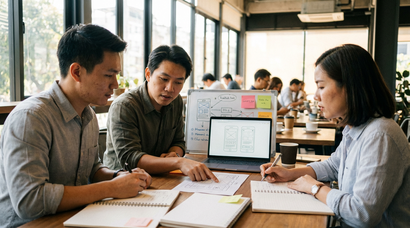 ภาพอธิบายการทำงานของ Webflow โดยมีคนทำงานที่คอมพิวเตอร์และกราฟิกของเว็บไซต์กำลังสร้างขึ้น