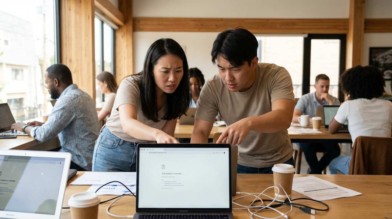 ภาพประกอบแสดงผู้เชี่ยวชาญด้าน SEO กำลังวิเคราะห์ข้อผิดพลาดของเว็บไซต์ด้วยการใช้คอมพิวเตอร์และกราฟข้อมูล