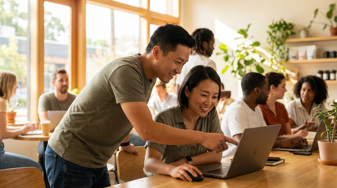 ภาพอธิบายการตั้งค่าทางเทคนิคสำหรับการปรับปรุงความเร็วเว็บไซต์ โดยมีคนทำงานอยู่กับคอมพิวเตอร์และกราฟการวิเคราะห์ที่แสดงผลลัพธ์