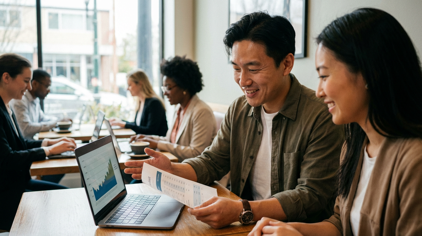 ภาพประกอบแสดงกลุ่มคนที่ยืนอยู่ข้างหน้าจอคอมพิวเตอร์ แสดงผลลัพธ์การโหลดเว็บไซต์ที่รวดเร็วและประสบความสำเร็จ