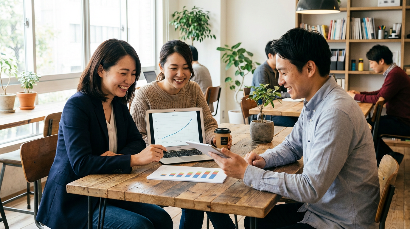 ภาพประกอบแสดงคนทำงานที่หน้าเครื่องคอมพิวเตอร์พร้อมกราฟแสดงการเติบโตของการเข้าชมเว็บไซต์