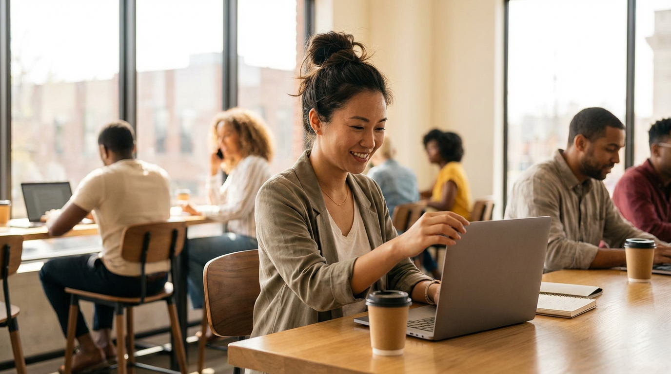 ภาพประกอบแสดงผู้เริ่มต้นนั่งอยู่หน้าคอมพิวเตอร์พร้อมโน้ตบุ๊คและเครื่องมือ SEO ที่เปิดอยู่, มีกราฟการเติบโตอยู่ด้านข้าง