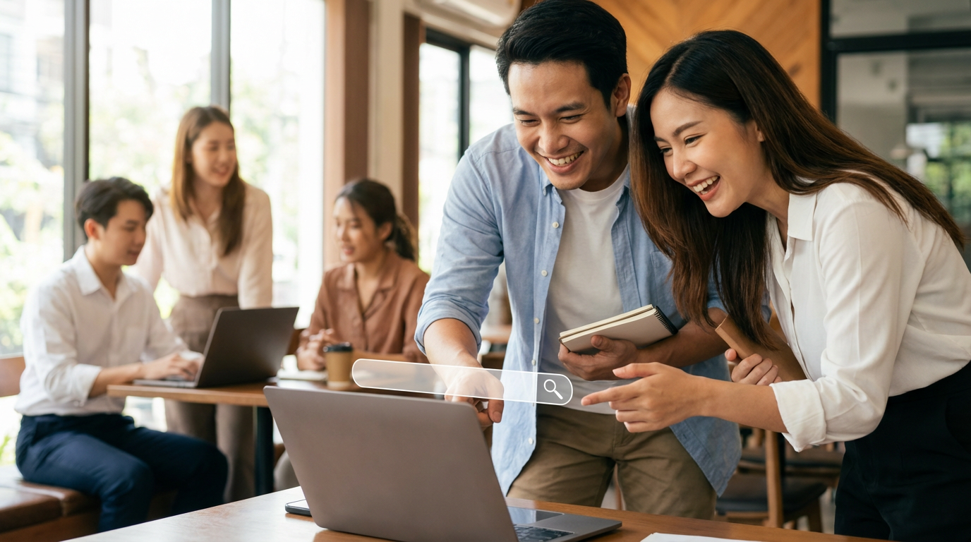 ภาพประกอบแสดงนักการตลาดดิจิทัลกำลังวิเคราะห์ข้อมูล SEO บนคอมพิวเตอร์ พร้อมกราฟการเติบโต