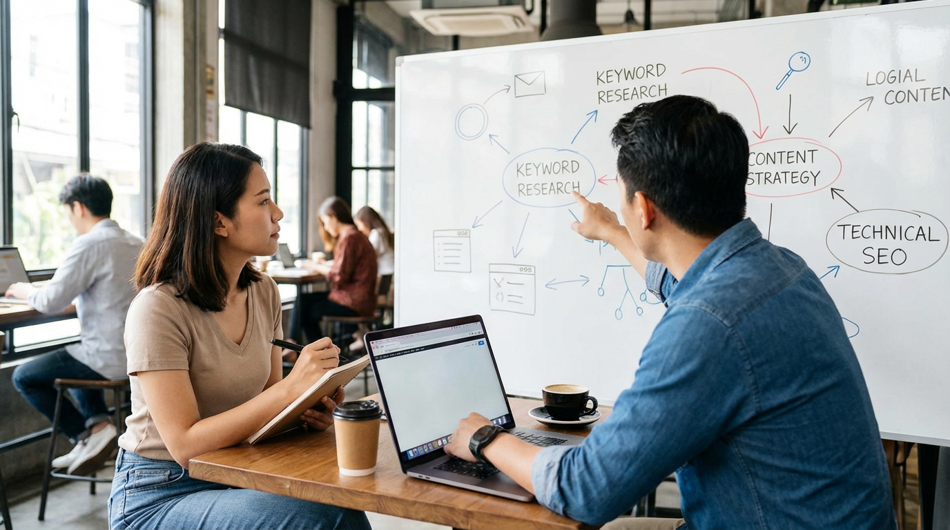 ภาพอธิบายกราฟิกแสดงพื้นฐาน SEO โดยมีสัญลักษณ์ต่างๆ เช่น คีย์เวิร์ด, เว็บไซต์, และการวิเคราะห์ข้อมูล