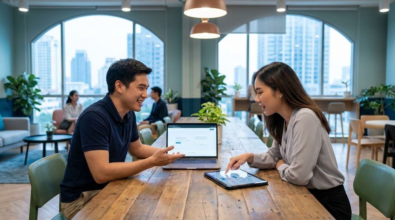 ภาพประกอบแสดงสองมืออาชีพชาวไทยในพื้นที่ทำงานร่วมสมัย กำลังอภิปรายเกี่ยวกับการออกแบบเว็บไซต์และโฮสต์