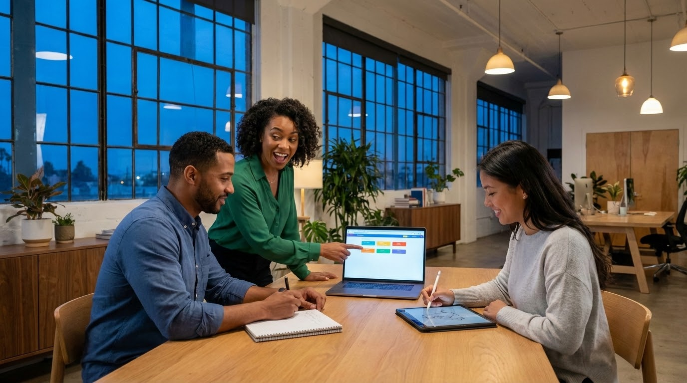 ภาพประกอบแสดงกลุ่มนักวิชาชีพที่หลากหลายกำลังทำงานร่วมกันเกี่ยวกับการออกแบบเว็บไซต์ในพื้นที่ทำงานร่วมสมัย