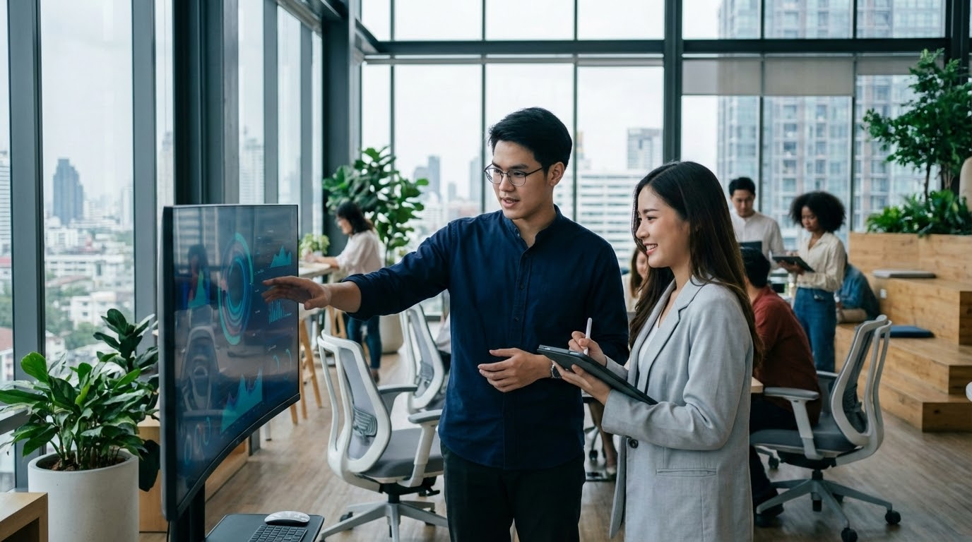 ภาพประกอบแสดงชายหญิงชาวไทยวิเคราะห์ข้อมูลเว็บไซต์ที่จอคอมพิวเตอร์ในสำนักงานสมัยใหม่