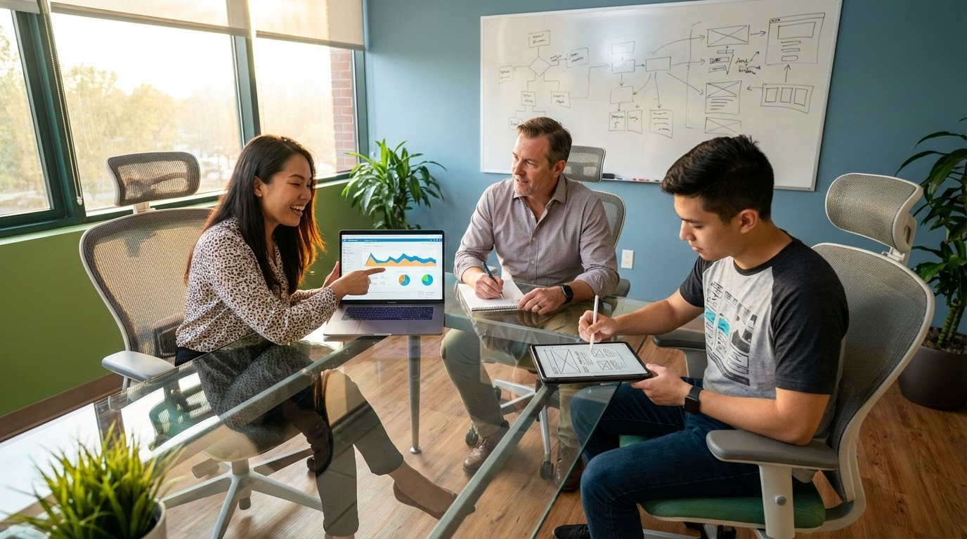 ภาพประกอบแสดงกลุ่มมืออาชีพสามคนทำงานร่วมกันในสำนักงานทันสมัย โดยมีผู้หญิงไทยนั่งที่โต๊ะกระจกพร้อมโน้ตบุ๊คแสดงข้อมูลวิเคราะห์เ