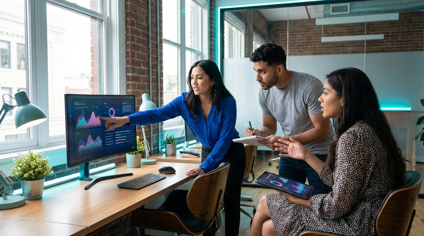ภาพประกอบแสดงกลุ่มมืออาชีพสามคนทำงานร่วมกันในพื้นที่ทำงานร่วมสมัย พร้อมกราฟ SEO บนจอแสดงผล