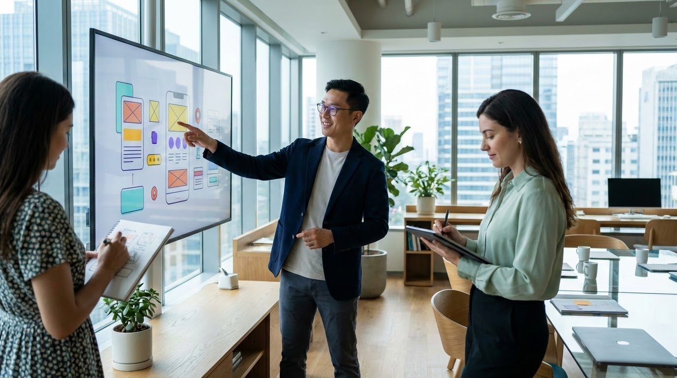 ภาพประกอบแสดงกลุ่มบุคคลสามคนทำงานร่วมกันในสำนักงานทันสมัย โดยมีการนำเสนอ wireframes UX/UI บนหน้าจอดิจิตอล
