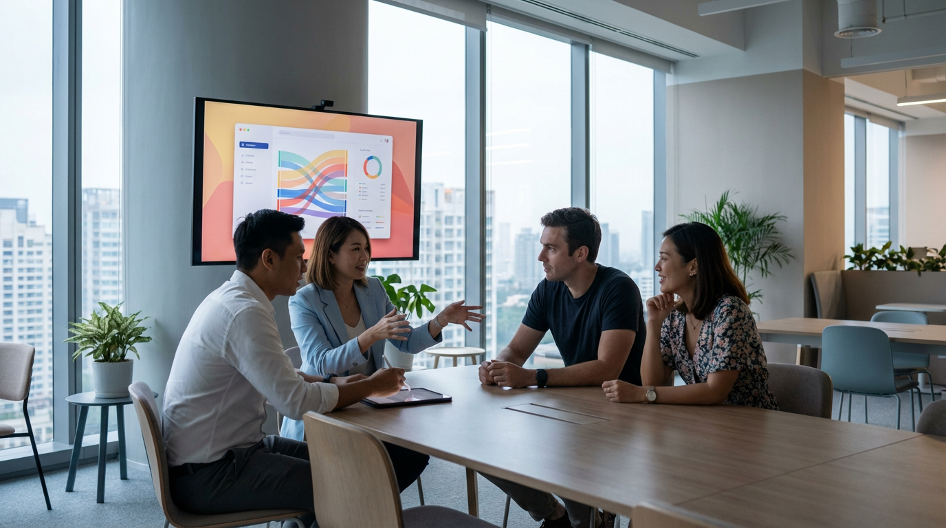 ภาพประกอบแสดงกลุ่มคนสี่คนกำลังพูดคุยรอบโต๊ะประชุมสมัยใหม่ มีหน้าจอแสดงอัลกอริธึมการแนะนำสินค้า