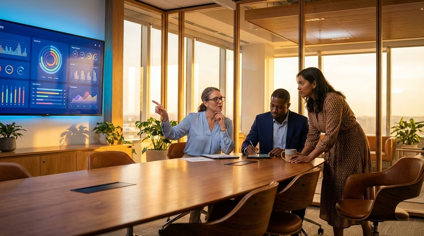 ภาพประกอบแสดงกลุ่มผู้เชี่ยวชาญสามคนในห้องประชุมทันสมัย กำลังวิเคราะห์เมตริกประสิทธิภาพบนจอใหญ่
