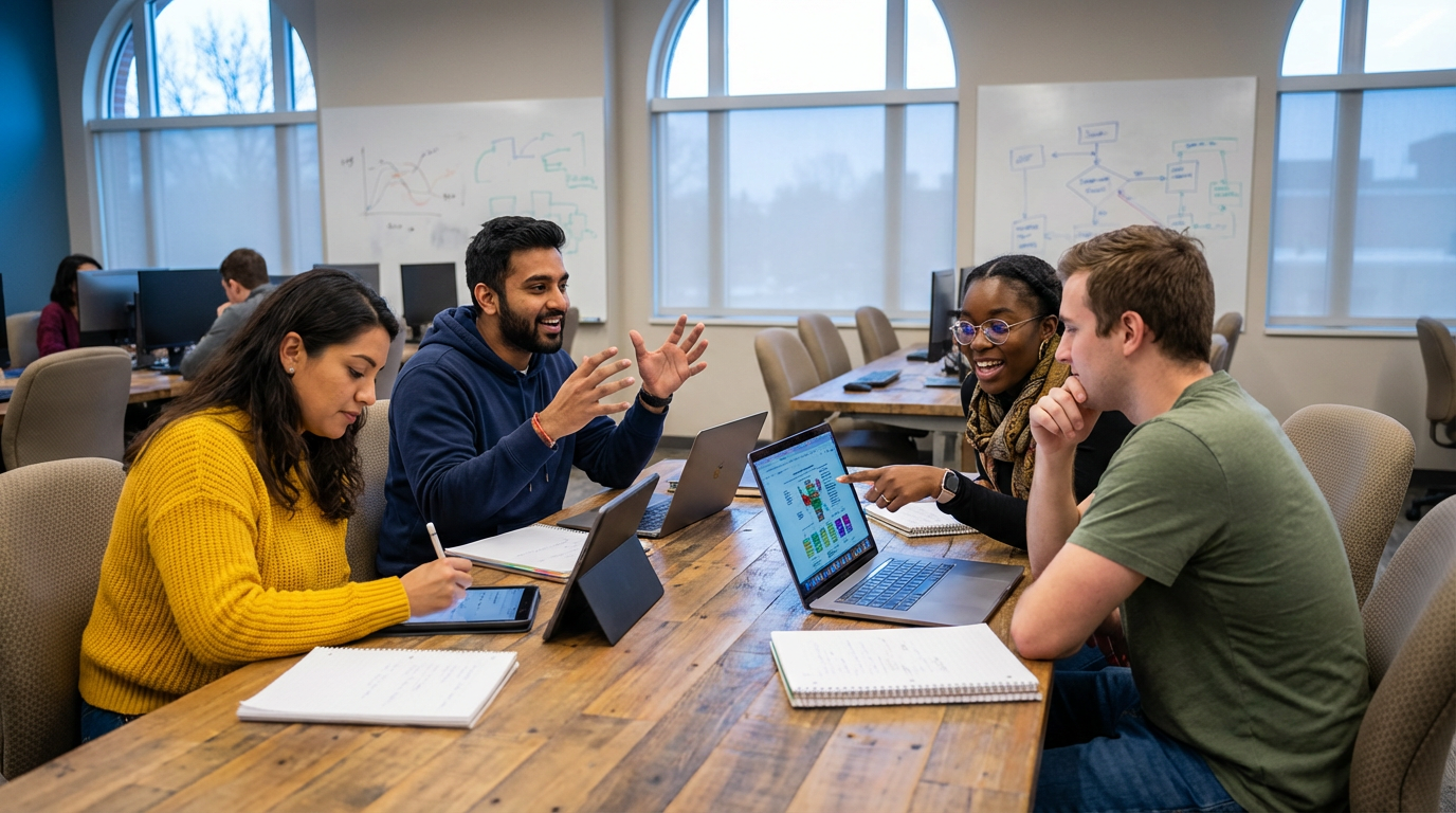 ภาพประกอบแสดงนักเรียนสี่คนที่มีความหลากหลายกำลังสนทนาอย่างมีชีวิตชีวาในห้องเรียนสมัยใหม่
