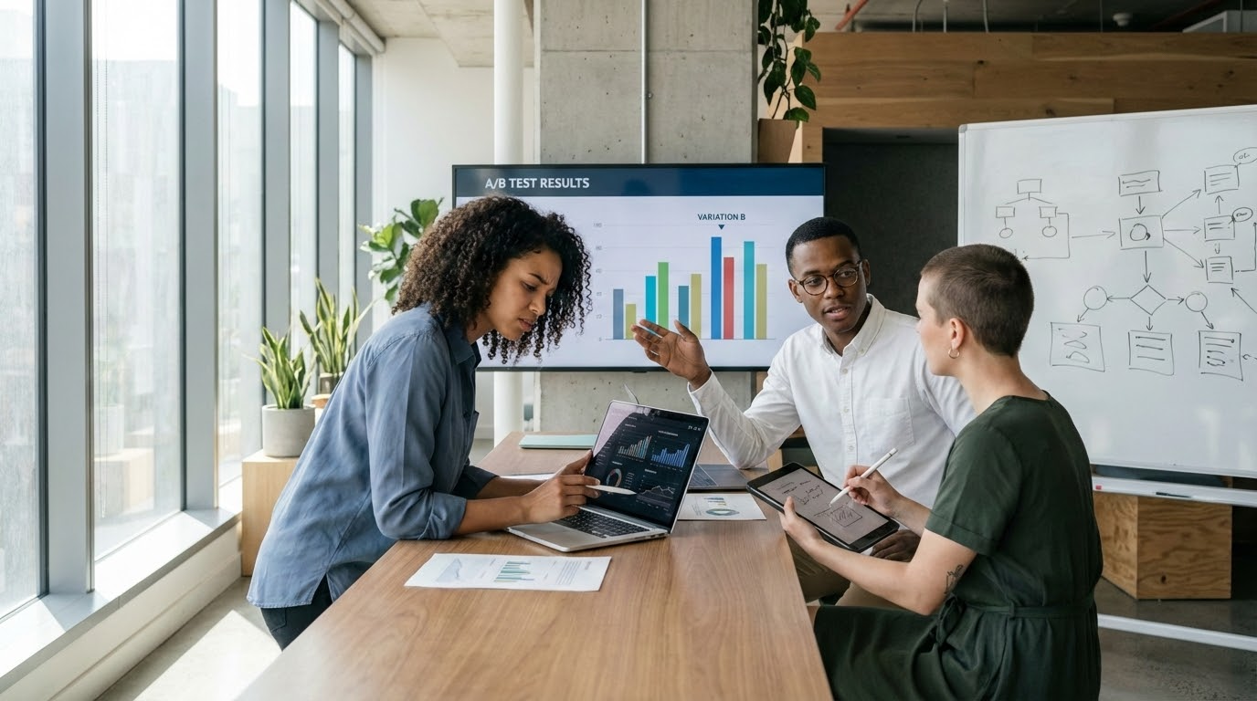 ภาพประกอบแสดงทีมงานมืออาชีพสามคนกำลังวิเคราะห์ข้อมูลในสำนักงานทันสมัย