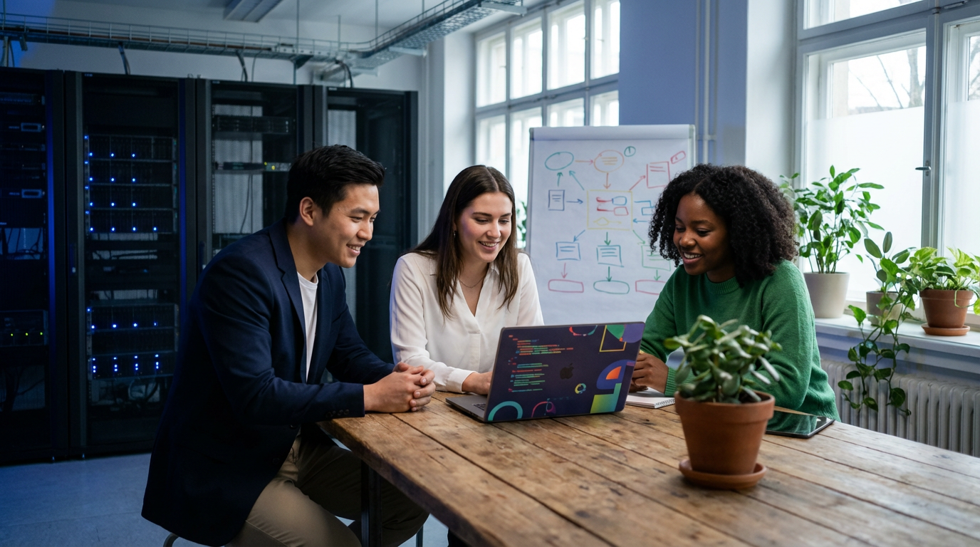 ภาพประกอบแสดงกลุ่มผู้เชี่ยวชาญที่ทำงานร่วมกันในพื้นที่ทำงานร่วมสมัย มีการอภิปรายเกี่ยวกับกลยุทธ์ SEO โดยมีการแสดงกราฟการวิเคร