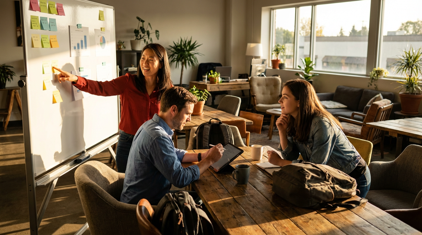 ภาพอธิบายกลุ่มคนสามคนในสำนักงานร่วมสมัยกำลังสนทนาเกี่ยวกับการวิจัยผู้ใช้ โดยมีการใช้โน้ตติดผนังและแท็บเล็ต