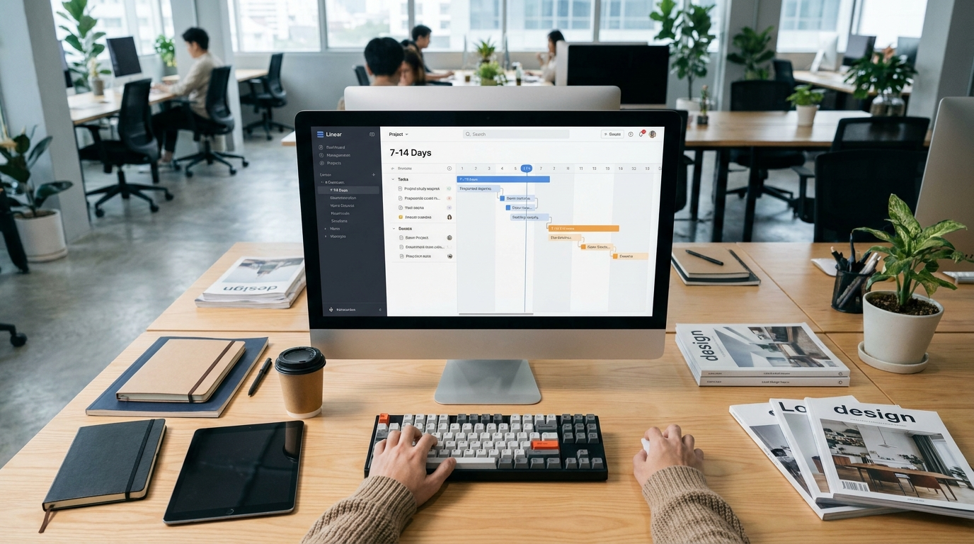 screenshot timeline Linear board 7-14 วัน Vision X Brain Shopify project workflow