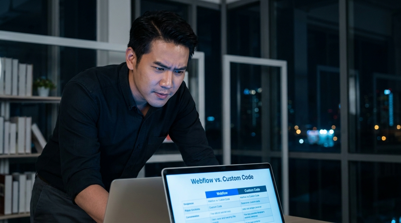 SaaS B2B founder researching webflow pricing late night Bangkok office composite character