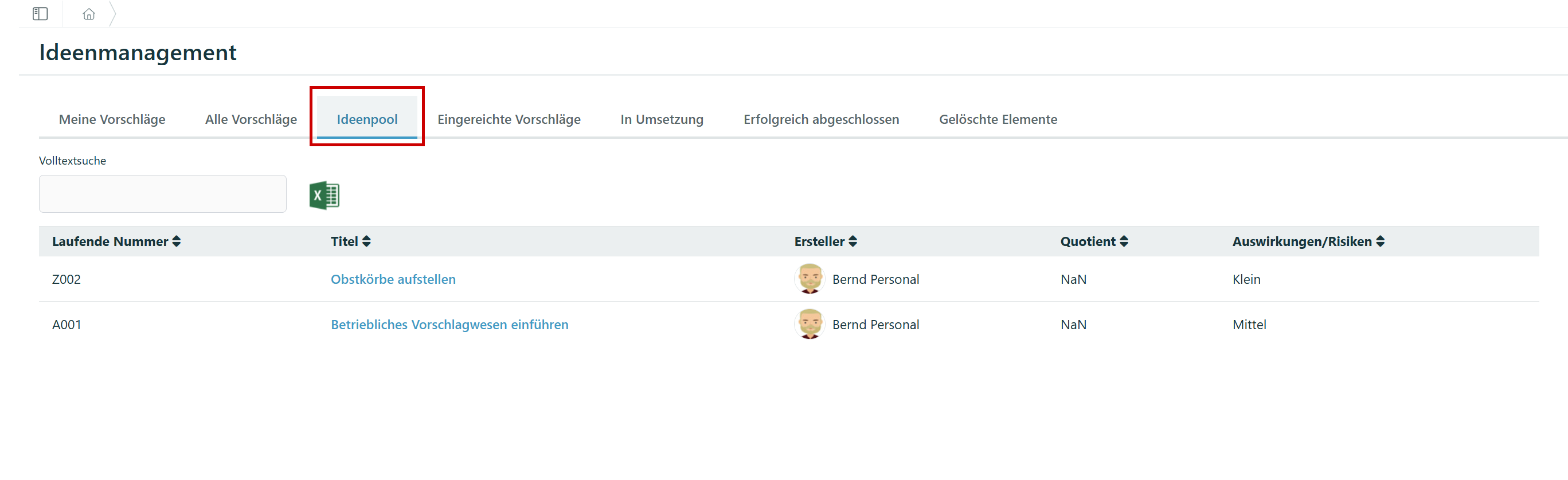 Ideenmanagement Screenshot