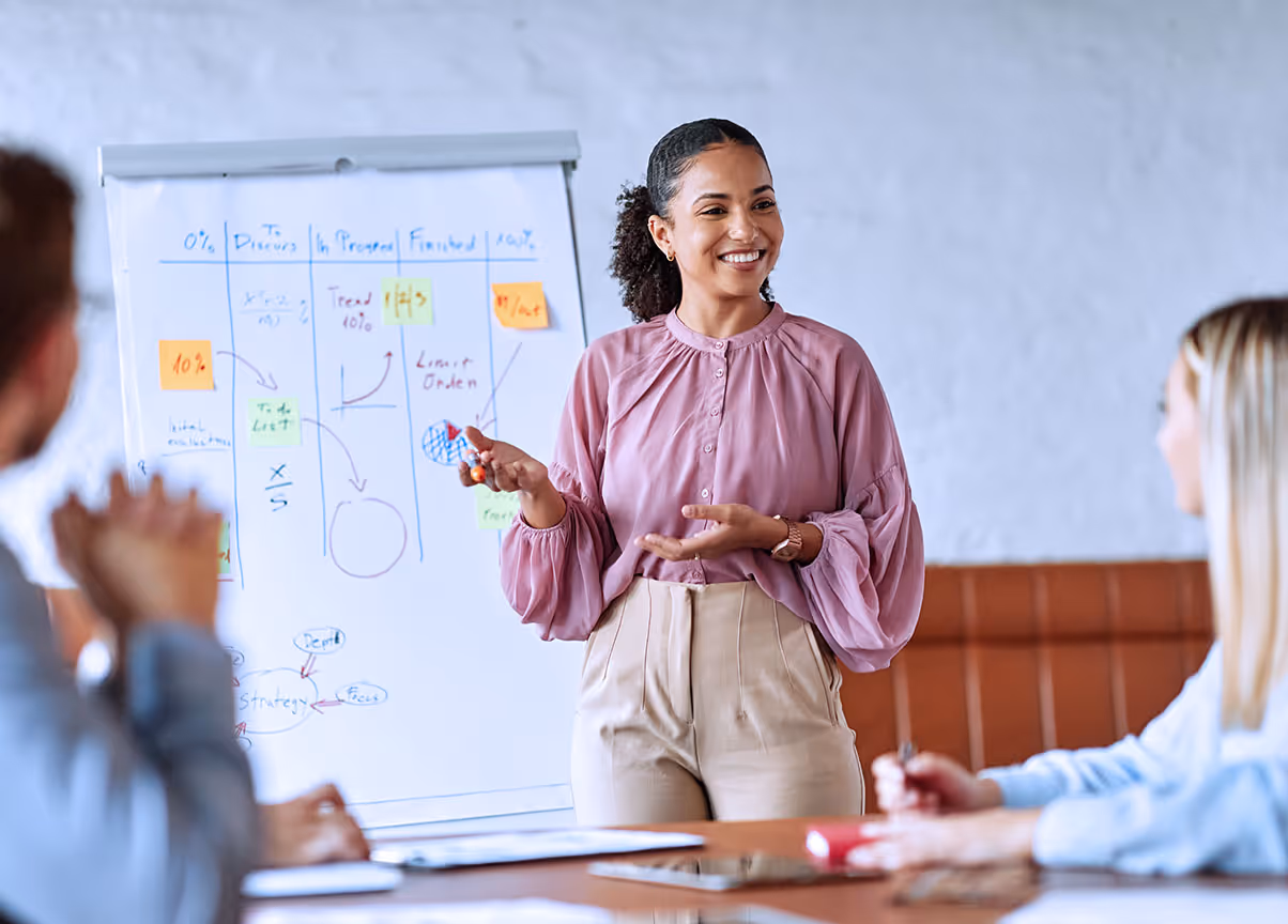 Managementsystem Seminar - Frau präsentiert vor einem Flipchart