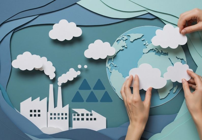 Klimawandel: Wolken über Fabrik und Weltkugel