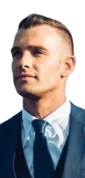 Young man in a white shirt, dark blue suit, and tie, looking slightly to the side.