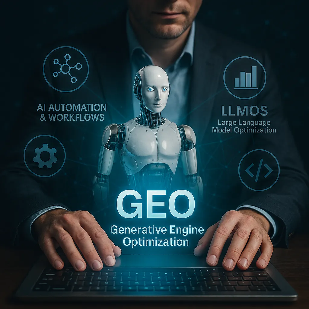 Mann sitzt vor Laptop mit Roboterfigur und Texten zu KI-Automatisierung, LLMOS und Generative Engine Optimization (GEO).