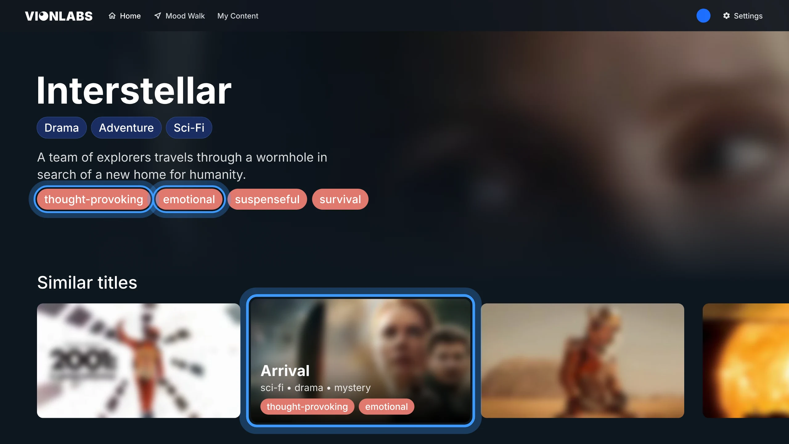 The Interstellar title page highlights its thought-provoking and emotional mood tags, which it shares with the similar title Arrival
