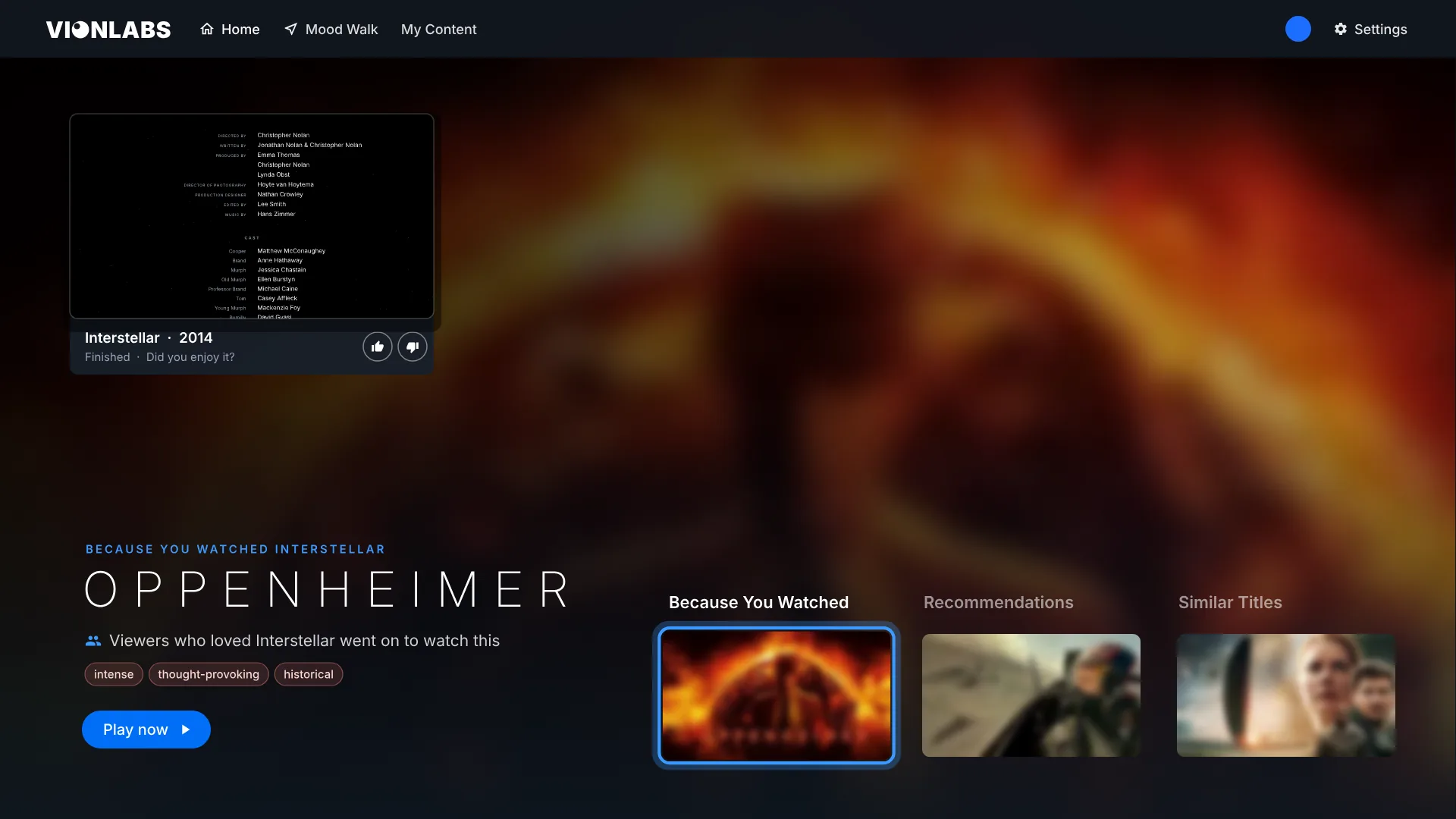Curio on a TV: as the Interstellar credits roll, it lines up Oppenheimer under Because You Watched, Top Gun: Maverick under Recommendations and Arrival under Similar Titles