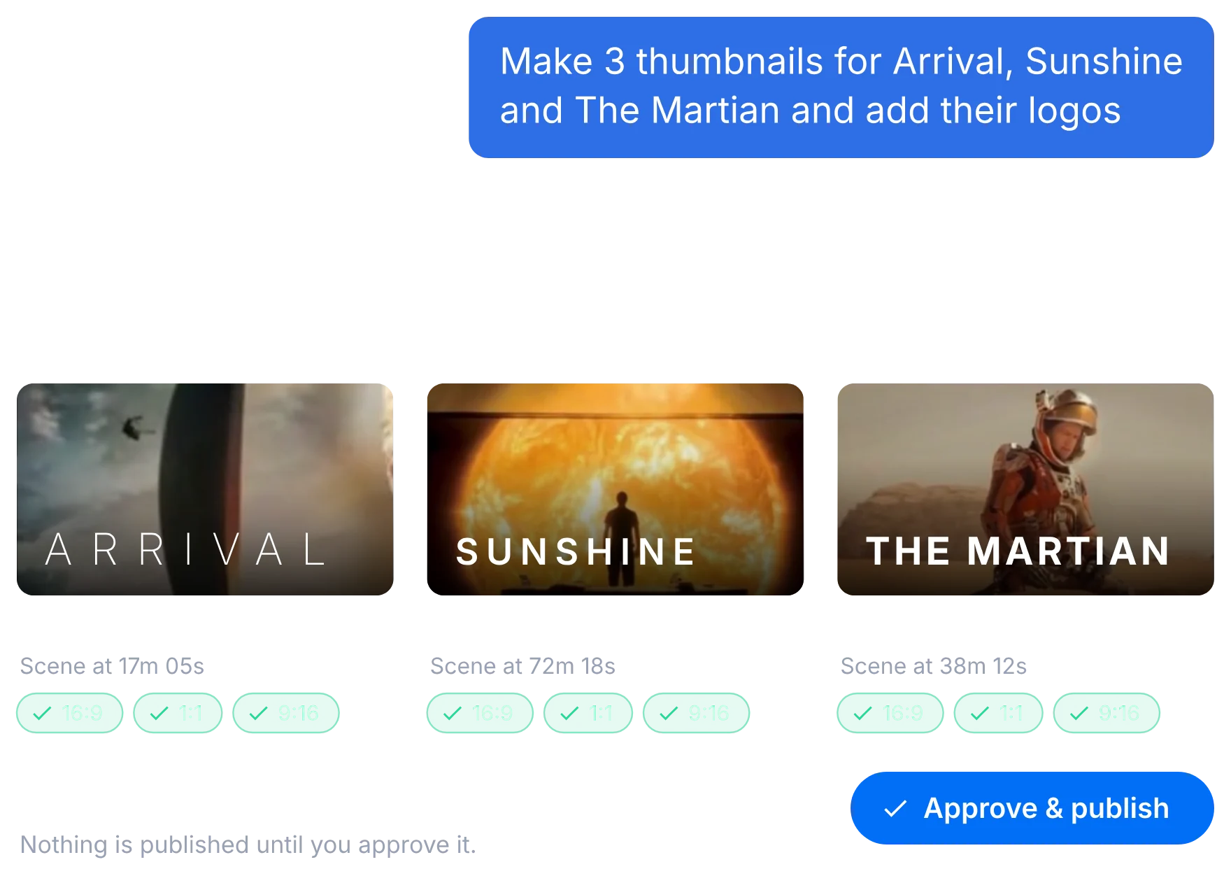 The Creative Agent makes thumbnails for Arrival, Sunshine and The Martian with each title's logo placed, in 16:9, 1:1 and 9:16, ready to approve and publish