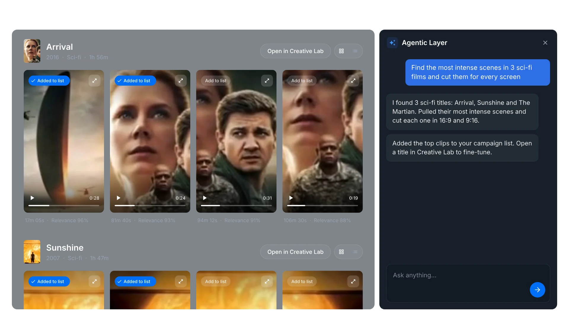 The Vionlabs Agentic Layer: a request to find the most intense scenes in 3 sci-fi films and cut them for every screen is typed into the chat, which opens a workspace where scenes from Arrival, Sunshine and The Martian are cut from 16:9 to 9:16 and added to a list