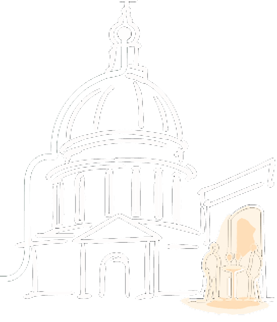 Line drawing of St Paul's dome, with guests and a glass of wine at a lit doorway