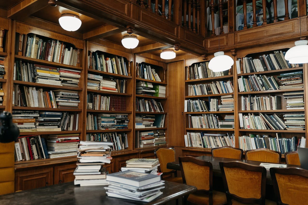 library shelves and tables