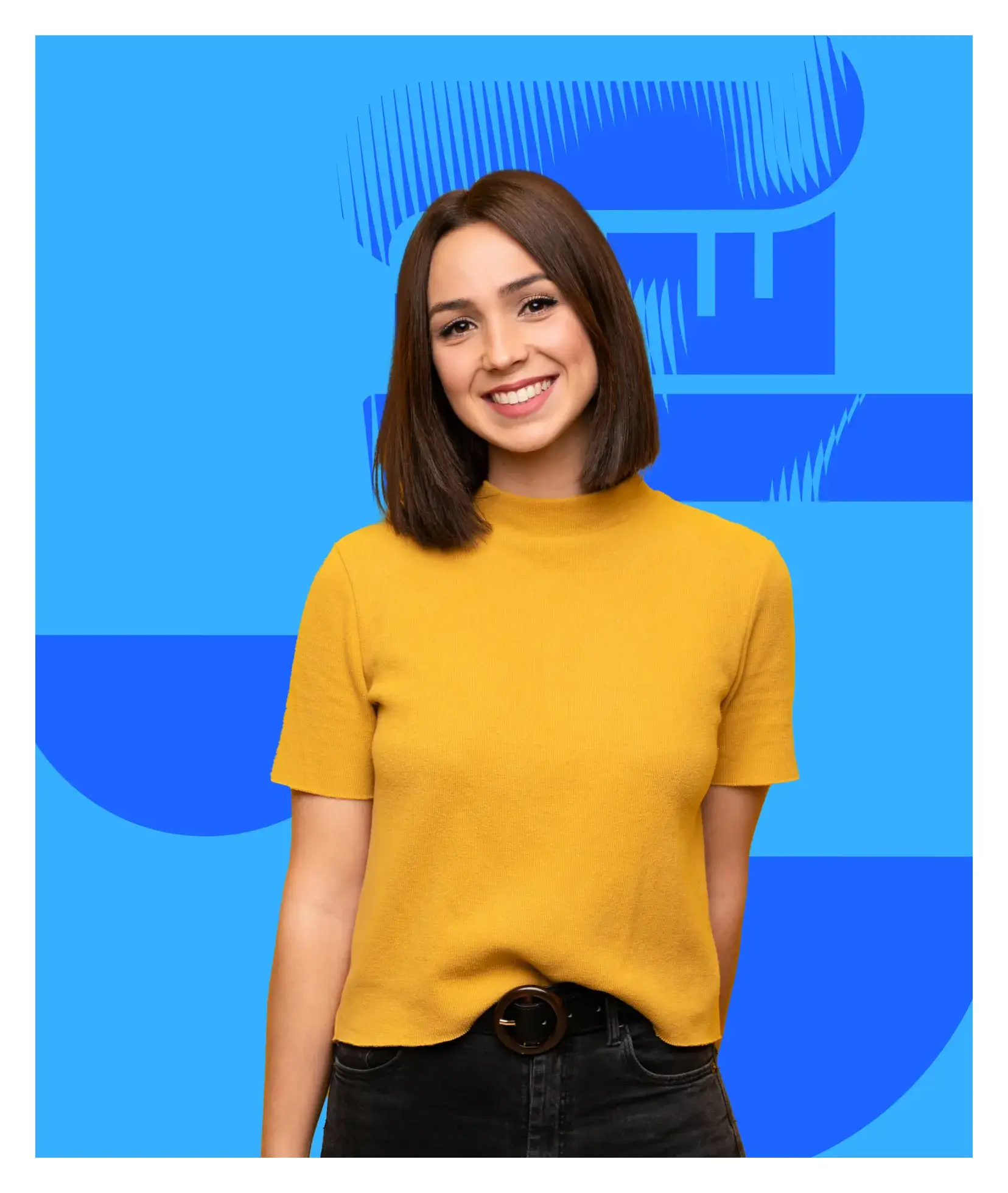 A woman wearing a yellow shirt and black pants.