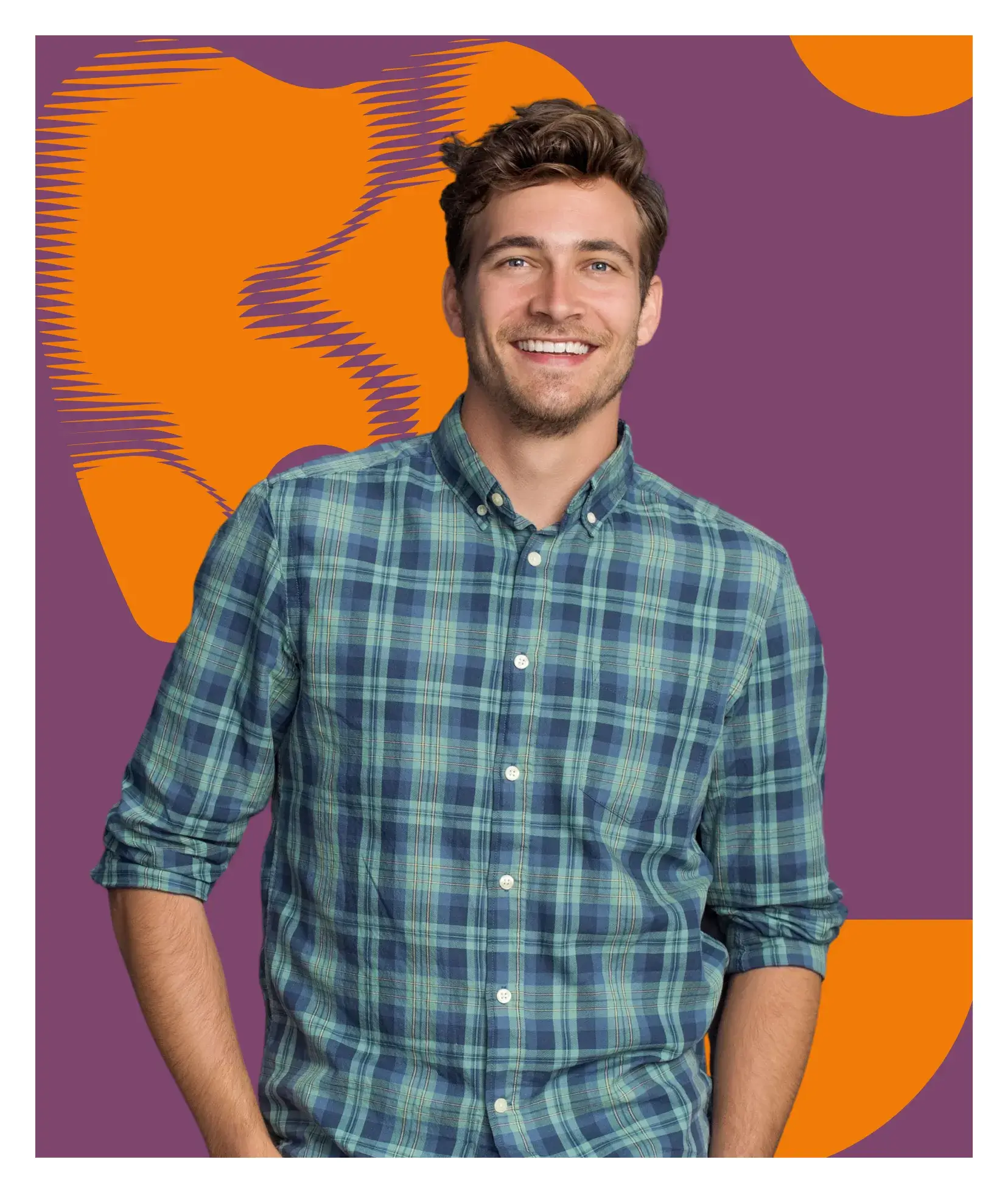 A man standing in front of an orange and purple background.
