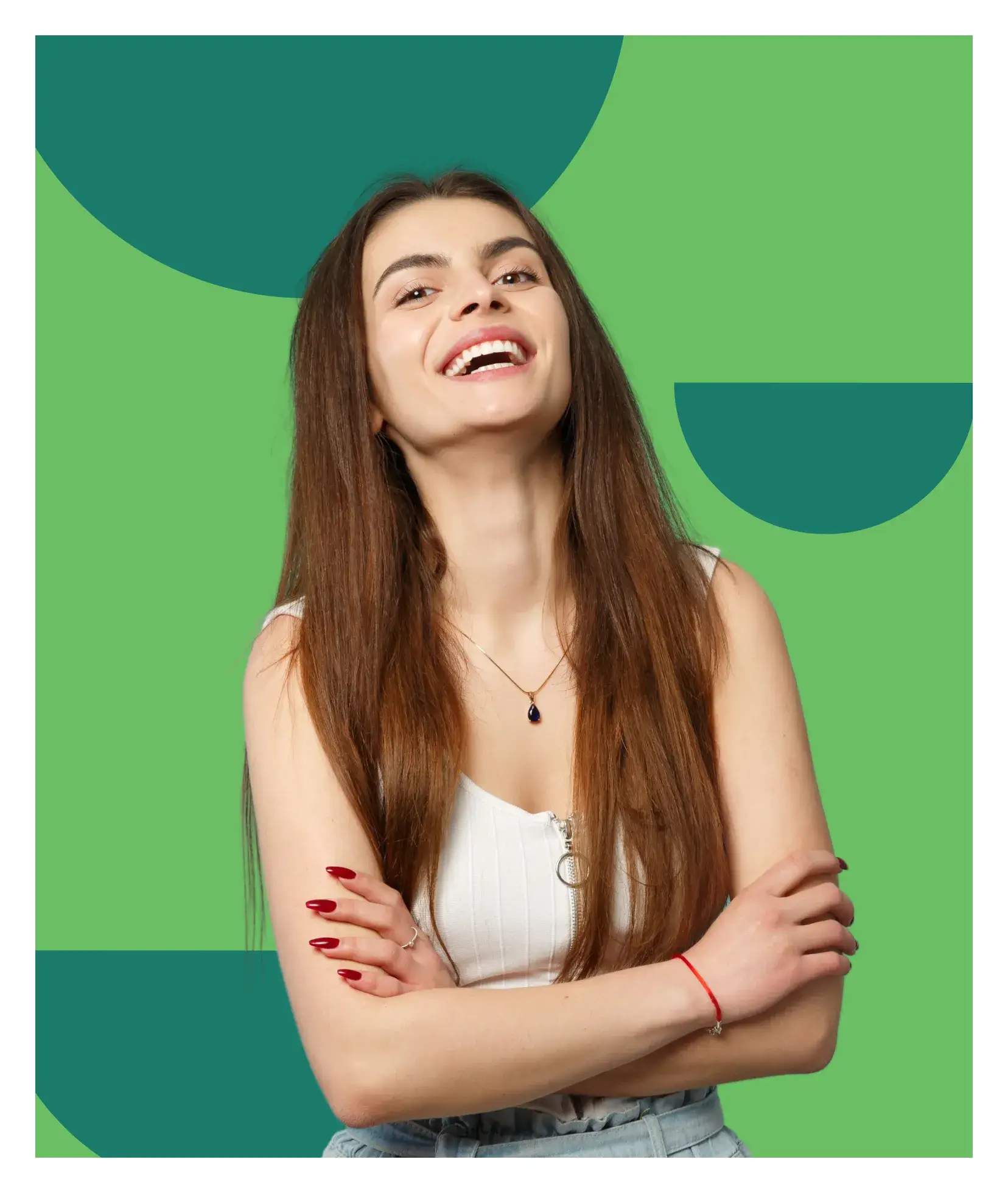 A woman with her arms crossed looking up.