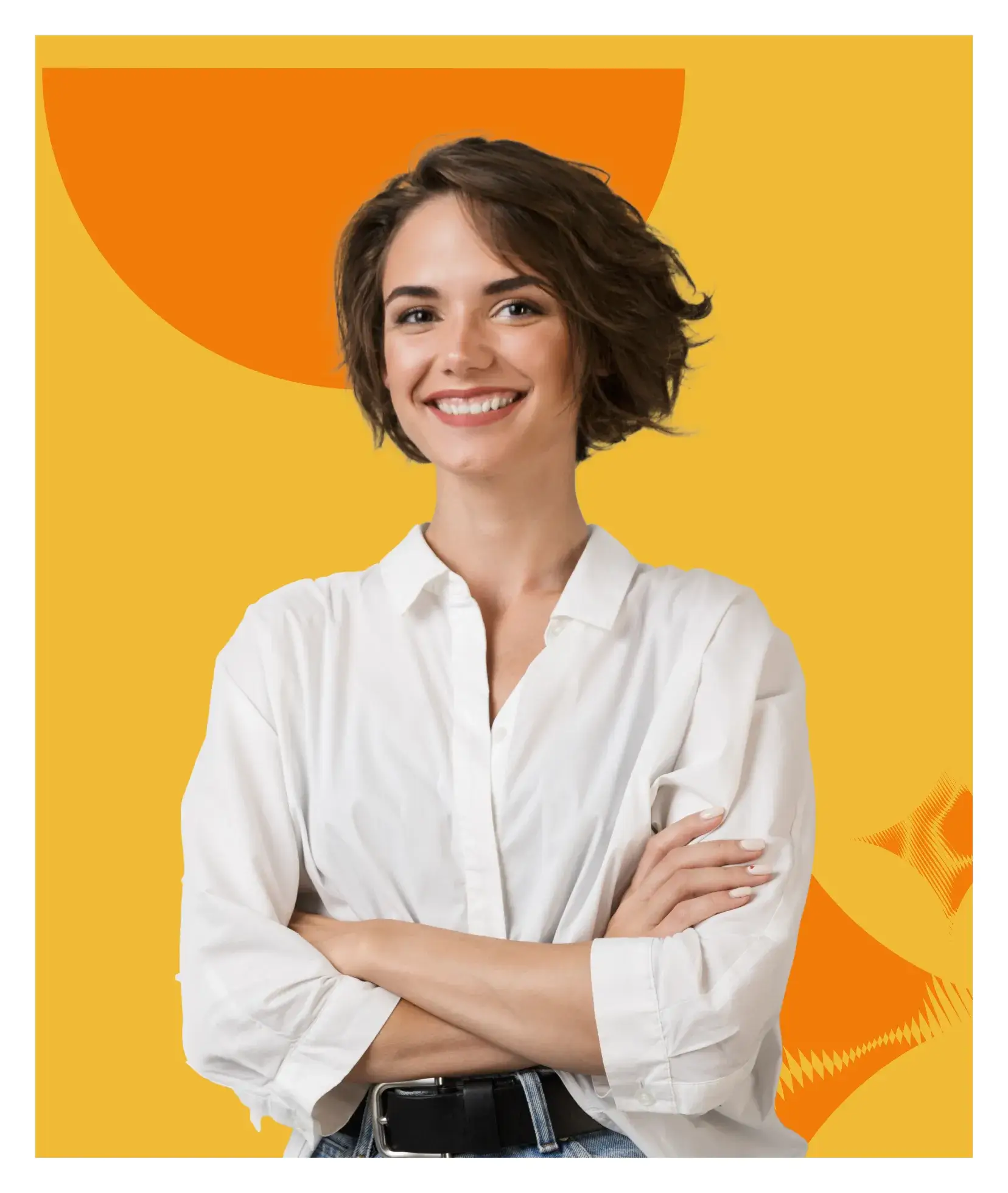 A woman in a white shirt is posing for a picture.