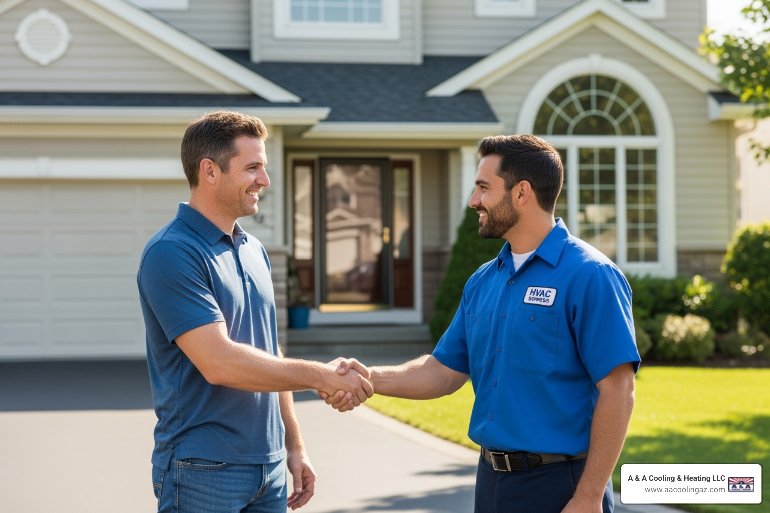 Homeowner shaking hands with a friendly HVAC technician - HVAC contractor Mesa