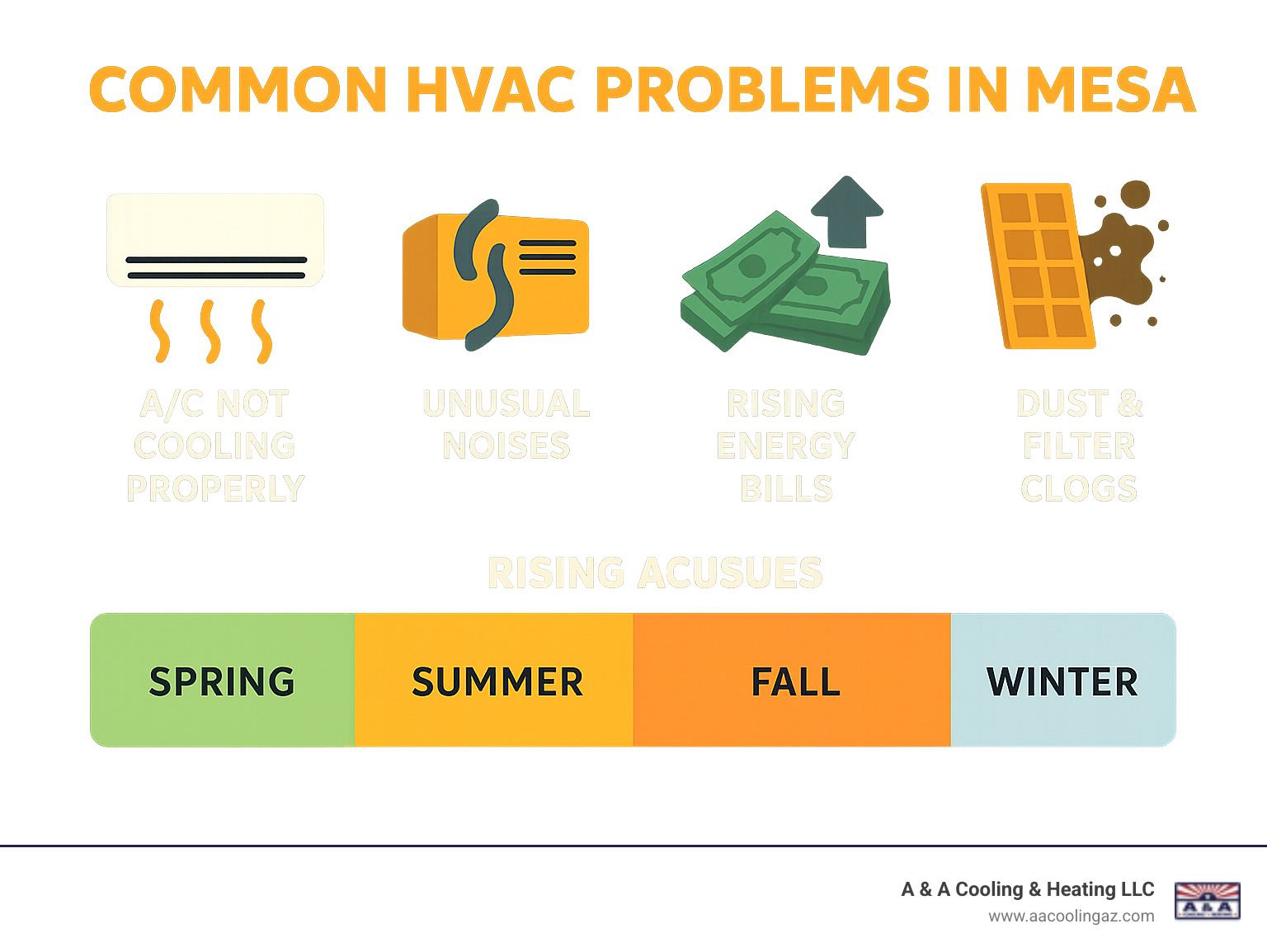 Infographic showing the most common HVAC problems Mesa homeowners face including AC not cooling properly, unusual noises from systems, rising energy bills, and dust-related filter clogs, with seasonal breakdown of when issues typically occur - HVAC contractor Mesa infographic 