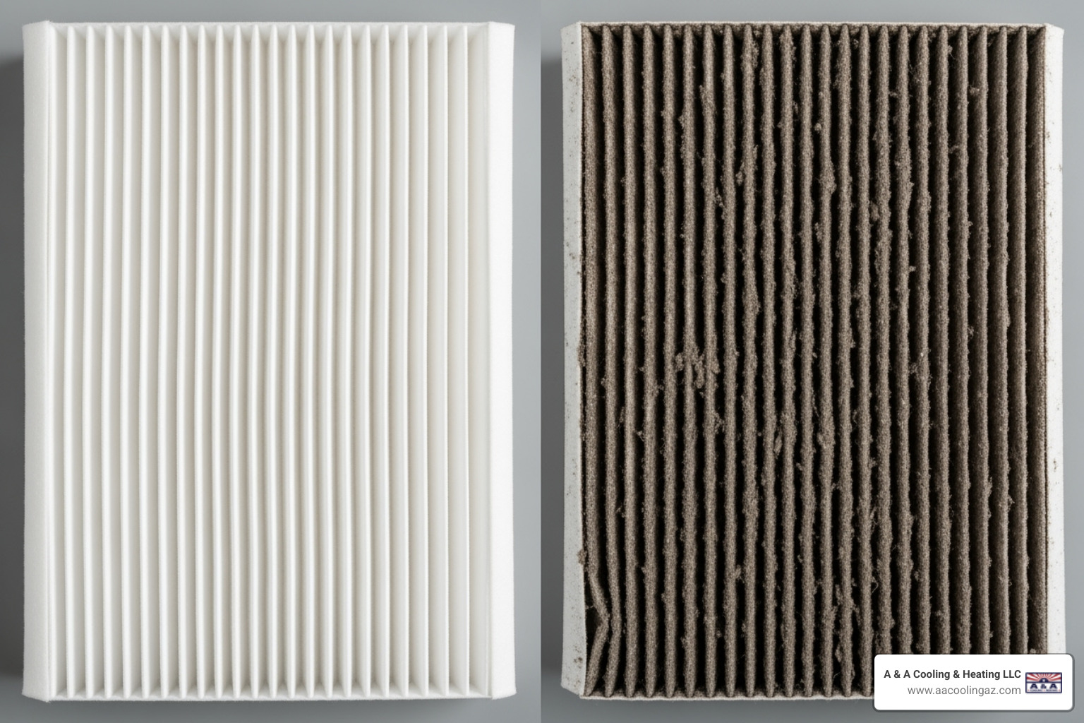 Image comparing a clean air filter to a dirty one - HVAC contractor Mesa