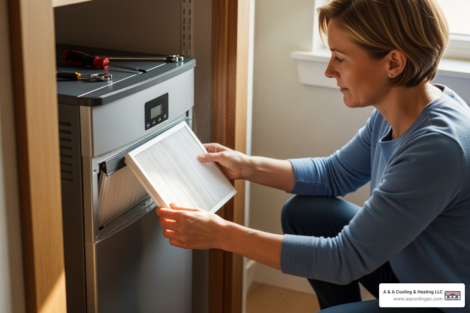 a homeowner changing a clean air filter - AC evaporator coil repair